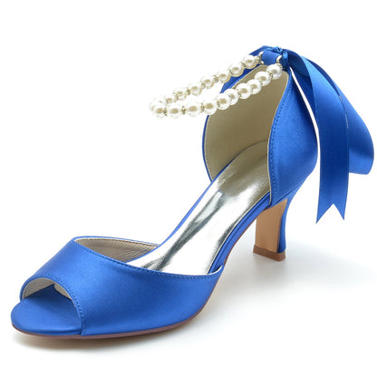 Chaussures de Soirée à Talon Bobine En Satin de Soie pour Femmes avec Lacets et Bride à la Cheville et Perles