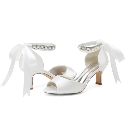 Chaussures de Mariage à Lacets En Satin de Soie pour Femmes avec Bride à la Cheville et Strass à Bout Ouvert et Talon Bobine