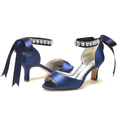 Chaussures de Mariage à Lacets En Satin de Soie pour Femmes avec Bride à la Cheville et Strass à Bout Ouvert et Talon Bobine