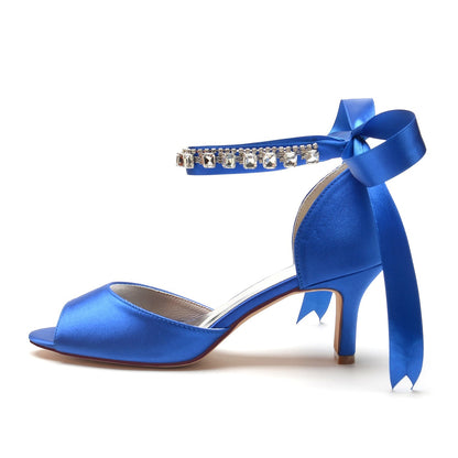 Chaussures de Mariage à Lacets En Satin de Soie pour Femmes avec Bride à la Cheville et Strass à Bout Ouvert et Talon Bobine