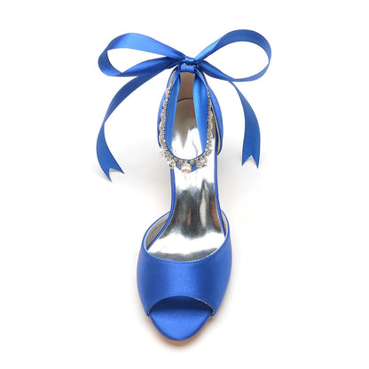 Chaussures de Mariage à Lacets En Satin de Soie pour Femmes avec Bride à la Cheville et Strass à Bout Ouvert et Talon Bobine
