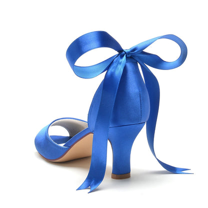 Chaussures de Mariage à Lacets En Satin de Soie pour Femmes avec Bride à la Cheville et Strass à Bout Ouvert et Talon Bobine