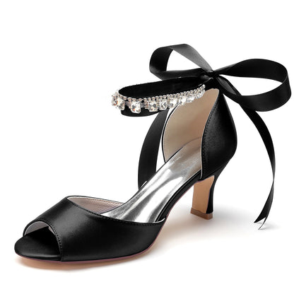 Chaussures de Mariage à Lacets En Satin de Soie pour Femmes avec Bride à la Cheville et Strass à Bout Ouvert et Talon Bobine