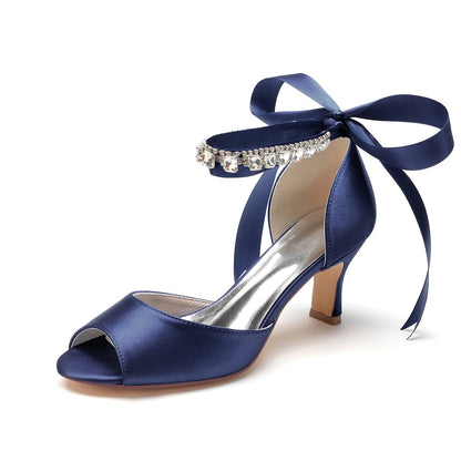 Chaussures de Mariage à Lacets En Satin de Soie pour Femmes avec Bride à la Cheville et Strass à Bout Ouvert et Talon Bobine