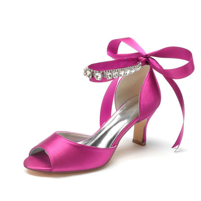 Chaussures de Mariage à Lacets En Satin de Soie pour Femmes avec Bride à la Cheville et Strass à Bout Ouvert et Talon Bobine