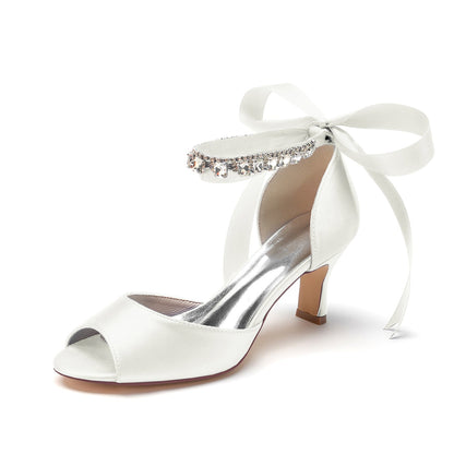 Chaussures de Mariage à Lacets En Satin de Soie pour Femmes avec Bride à la Cheville et Strass à Bout Ouvert et Talon Bobine
