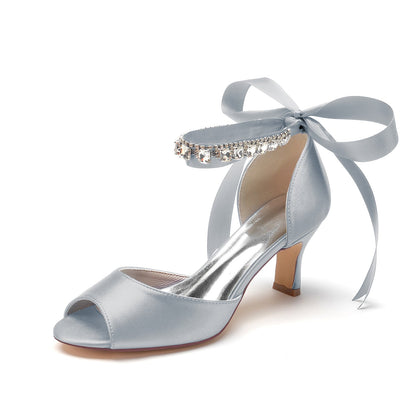 Chaussures de Mariage à Lacets En Satin de Soie pour Femmes avec Bride à la Cheville et Strass à Bout Ouvert et Talon Bobine