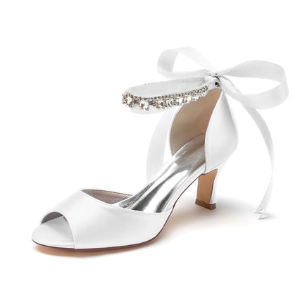 Chaussures de Mariage à Lacets En Satin de Soie pour Femmes avec Bride à la Cheville et Strass à Bout Ouvert et Talon Bobine