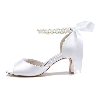 Chaussures de Soirée à Lacets En Satin de Soie pour Femmes avec Bride à la Cheville et Talon Bobine à Bout Ouvert et Perles