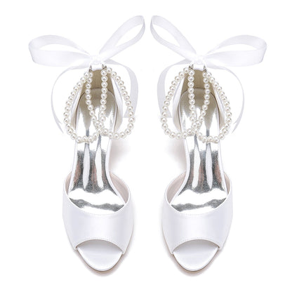 Chaussures de Soirée à Lacets En Satin de Soie pour Femmes avec Bride à la Cheville et Talon Bobine à Bout Ouvert et Perles