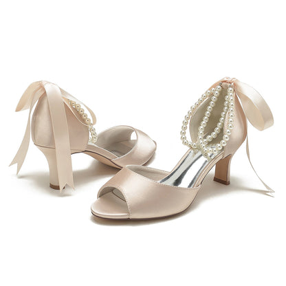 Chaussures de Soirée à Lacets En Satin de Soie pour Femmes avec Bride à la Cheville et Talon Bobine à Bout Ouvert et Perles
