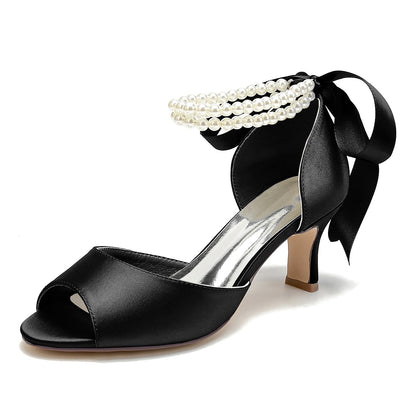 Chaussures de Soirée à Lacets En Satin de Soie pour Femmes avec Bride à la Cheville et Talon Bobine à Bout Ouvert et Perles