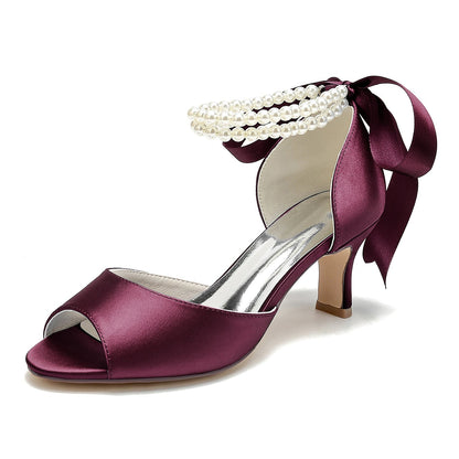 Chaussures de Soirée à Lacets En Satin de Soie pour Femmes avec Bride à la Cheville et Talon Bobine à Bout Ouvert et Perles