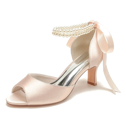 Chaussures de Soirée à Lacets En Satin de Soie pour Femmes avec Bride à la Cheville et Talon Bobine à Bout Ouvert et Perles