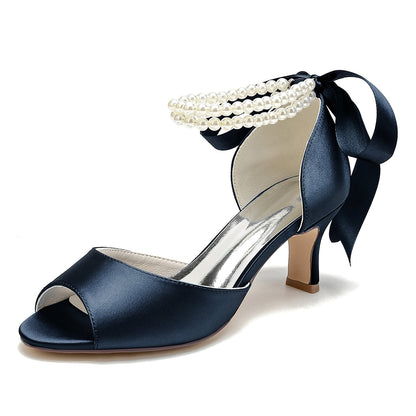 Chaussures de Soirée à Lacets En Satin de Soie pour Femmes avec Bride à la Cheville et Talon Bobine à Bout Ouvert et Perles