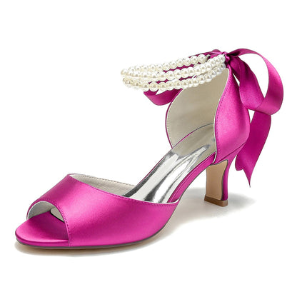 Chaussures de Soirée à Lacets En Satin de Soie pour Femmes avec Bride à la Cheville et Talon Bobine à Bout Ouvert et Perles