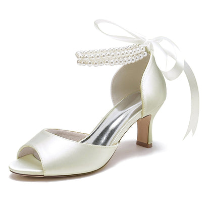 Chaussures de Soirée à Lacets En Satin de Soie pour Femmes avec Bride à la Cheville et Talon Bobine à Bout Ouvert et Perles