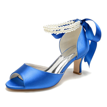 Chaussures de Soirée à Lacets En Satin de Soie pour Femmes avec Bride à la Cheville et Talon Bobine à Bout Ouvert et Perles