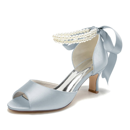 Chaussures de Soirée à Lacets En Satin de Soie pour Femmes avec Bride à la Cheville et Talon Bobine à Bout Ouvert et Perles