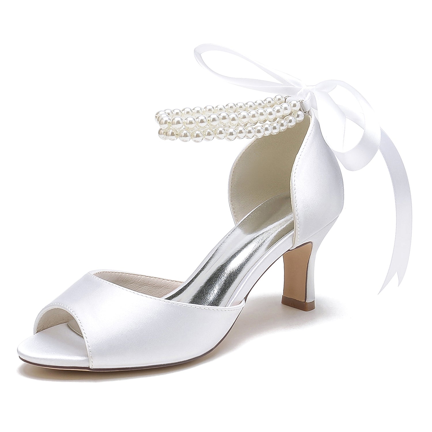 Chaussures de Soirée à Lacets En Satin de Soie pour Femmes avec Bride à la Cheville et Talon Bobine à Bout Ouvert et Perles