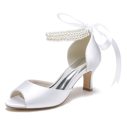 Chaussures de Soirée à Lacets En Satin de Soie pour Femmes avec Bride à la Cheville et Talon Bobine à Bout Ouvert et Perles