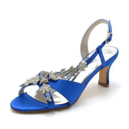 Chaussures de Soirée à Talon Bobine En Satin de Soie pour Femmes avec Bride à la Cheville et Strass