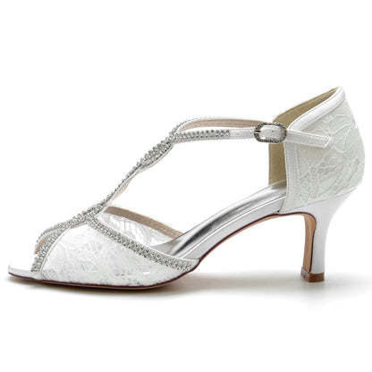 Chaussures de Soirée à Talon Bobine En Dentelle et Satin de Soie pour Femmes avec Bride à la Cheville et Strass