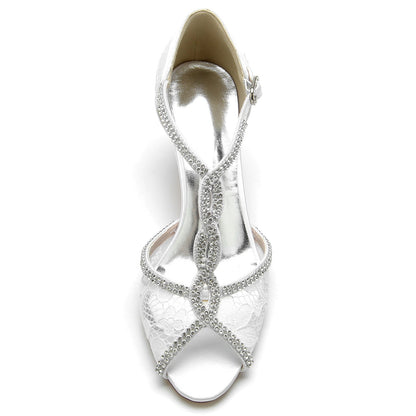 Chaussures de Soirée à Talon Bobine En Dentelle et Satin de Soie pour Femmes avec Bride à la Cheville et Strass