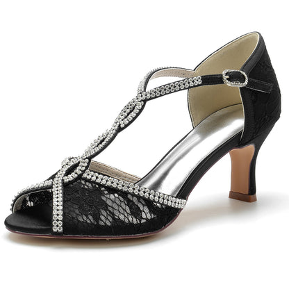 Chaussures de Soirée à Talon Bobine En Dentelle et Satin de Soie pour Femmes avec Bride à la Cheville et Strass