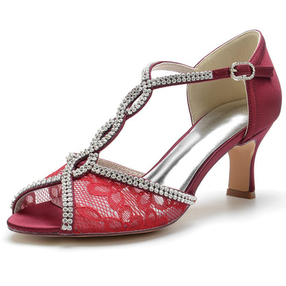 Chaussures de Soirée à Talon Bobine En Dentelle et Satin de Soie pour Femmes avec Bride à la Cheville et Strass