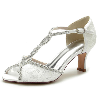 Chaussures de Soirée à Talon Bobine En Dentelle et Satin de Soie pour Femmes avec Bride à la Cheville et Strass