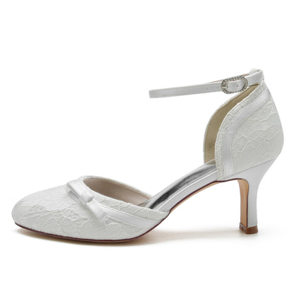 Chaussures de Soirée En Satin de Soie et Dentelle pour Femmes avec Bride à la Cheville et Bout Fermé