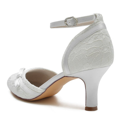 Chaussures de Soirée En Satin de Soie et Dentelle pour Femmes avec Bride à la Cheville et Bout Fermé