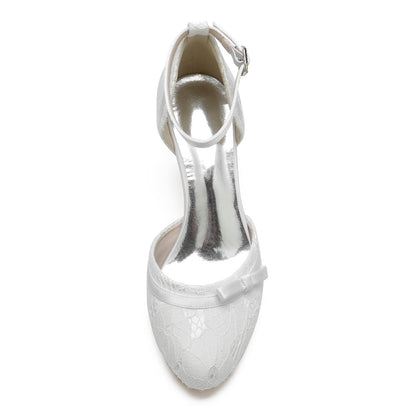 Chaussures de Soirée En Satin de Soie et Dentelle pour Femmes avec Bride à la Cheville et Bout Fermé
