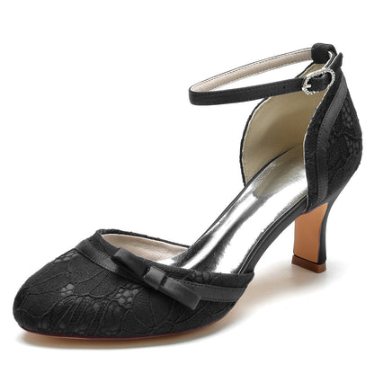 Chaussures de Soirée En Satin de Soie et Dentelle pour Femmes avec Bride à la Cheville et Bout Fermé