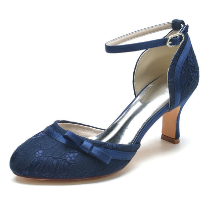 Chaussures de Soirée En Satin de Soie et Dentelle pour Femmes avec Bride à la Cheville et Bout Fermé