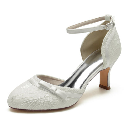 Chaussures de Soirée En Satin de Soie et Dentelle pour Femmes avec Bride à la Cheville et Bout Fermé