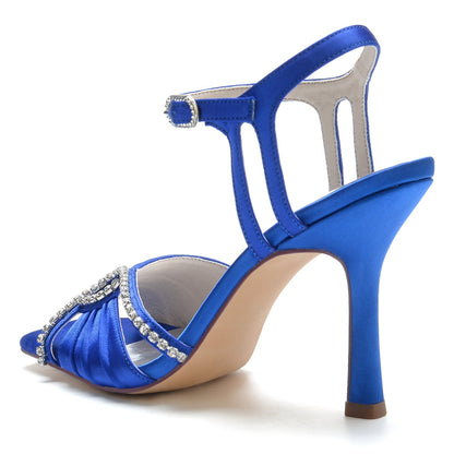 Chaussures de Soirée à Talon Aiguille et Bout Ouvert En Satin de Soie pour Femmes avec Bride à la Cheville En Strass