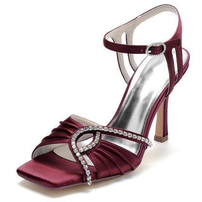Chaussures de Soirée à Talon Aiguille et Bout Ouvert En Satin de Soie pour Femmes avec Bride à la Cheville En Strass