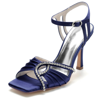 Chaussures de Soirée à Talon Aiguille et Bout Ouvert En Satin de Soie pour Femmes avec Bride à la Cheville En Strass