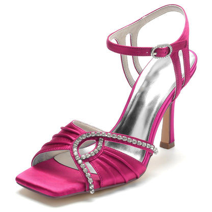 Chaussures de Soirée à Talon Aiguille et Bout Ouvert En Satin de Soie pour Femmes avec Bride à la Cheville En Strass