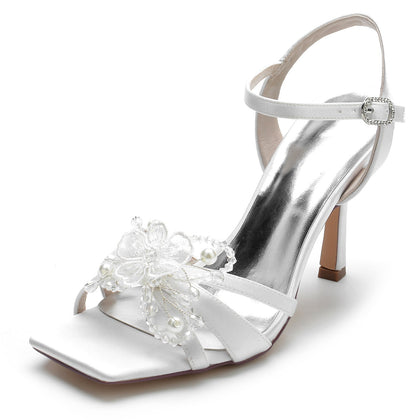 Chaussures de Soirée à Talon Aiguille et Strass pour Femme En Satin de Soie avec Bride à la Cheville et Bout Ouvert