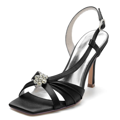 Chaussures de Soirée à Talon Aiguille et Bout Ouvert En Satin de Soie avec Strass et Fleurs pour Femmes