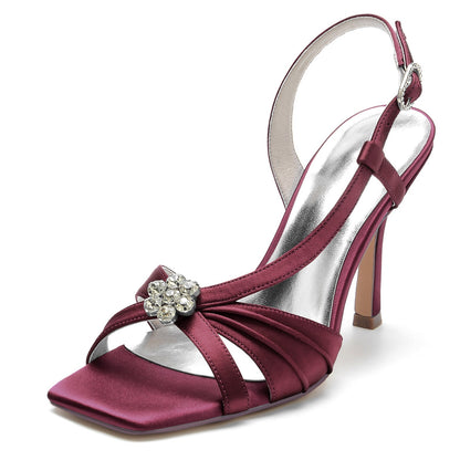 Chaussures de Soirée à Talon Aiguille et Bout Ouvert En Satin de Soie avec Strass et Fleurs pour Femmes