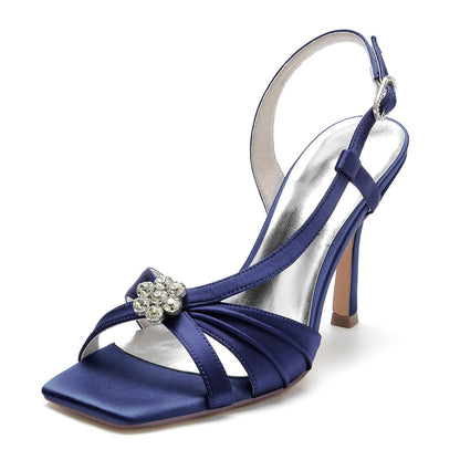 Chaussures de Soirée à Talon Aiguille et Bout Ouvert En Satin de Soie avec Strass et Fleurs pour Femmes