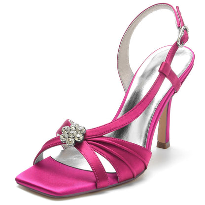 Chaussures de Soirée à Talon Aiguille et Bout Ouvert En Satin de Soie avec Strass et Fleurs pour Femmes