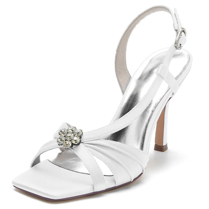 Chaussures de Soirée à Talon Aiguille et Bout Ouvert En Satin de Soie avec Strass et Fleurs pour Femmes