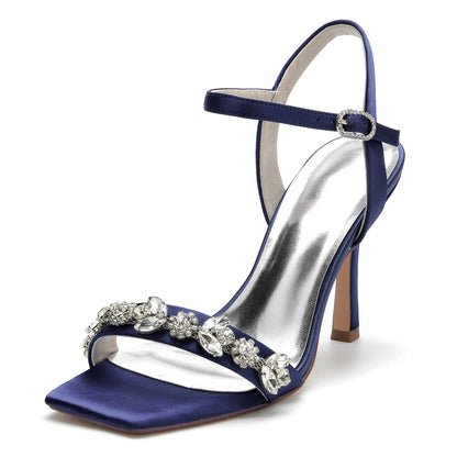 Chaussures de Soirée à Talon Aiguille et Bride à la Cheville En Satin de Soie pour Femmes avec Strass