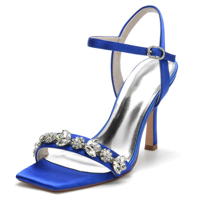 Chaussures de Soirée à Talon Aiguille et Bride à la Cheville En Satin de Soie pour Femmes avec Strass