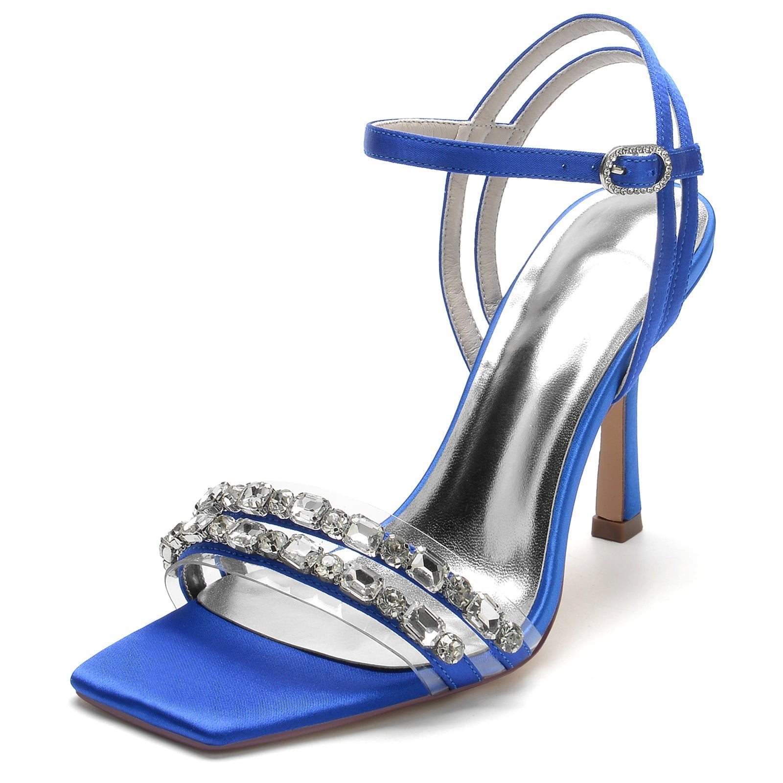 Chaussures de Soirée à Talon Aiguille et Bout Ouvert En Satin de Soie pour Femmes avec Bride à la Cheville et Strass